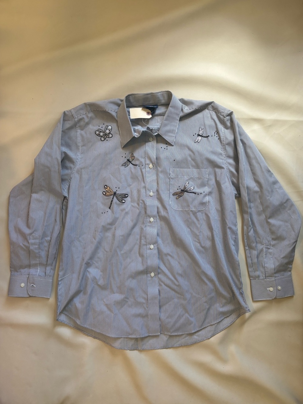 Striped Womens Dress Shirt with Dragonfly and butterfly Embroidery and gems